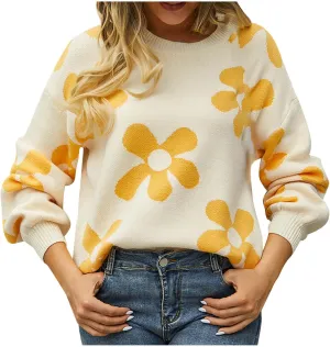 Women's Casual Flower Knitted Sweaters Crewneck Long Sleeve Chunky Cable Knit Pullover 2023 Fashion Clothes