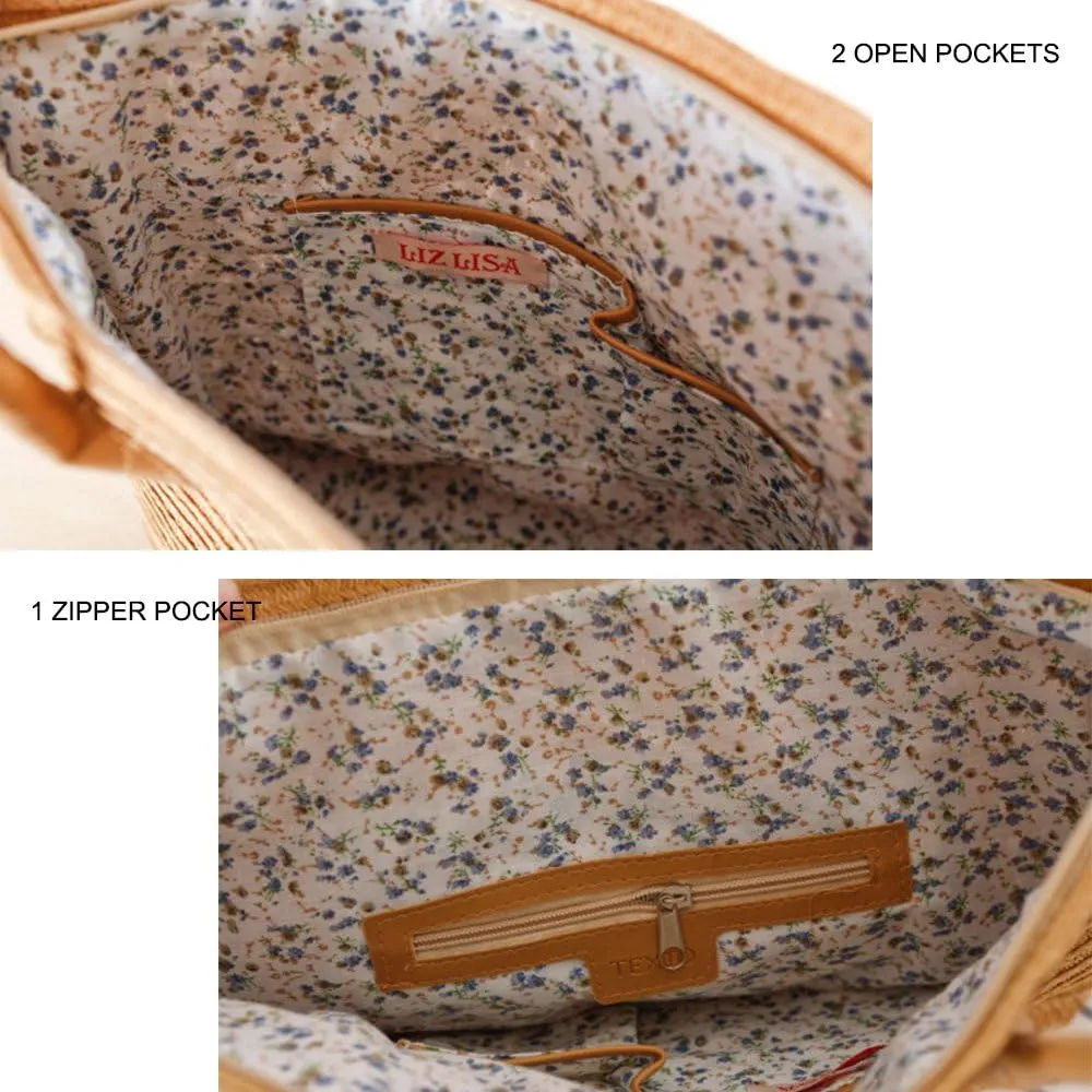 Women's Classic Straw Summer Beach Shoulder Bag Handbag Tote With PU Leather Straps Handmade Purse