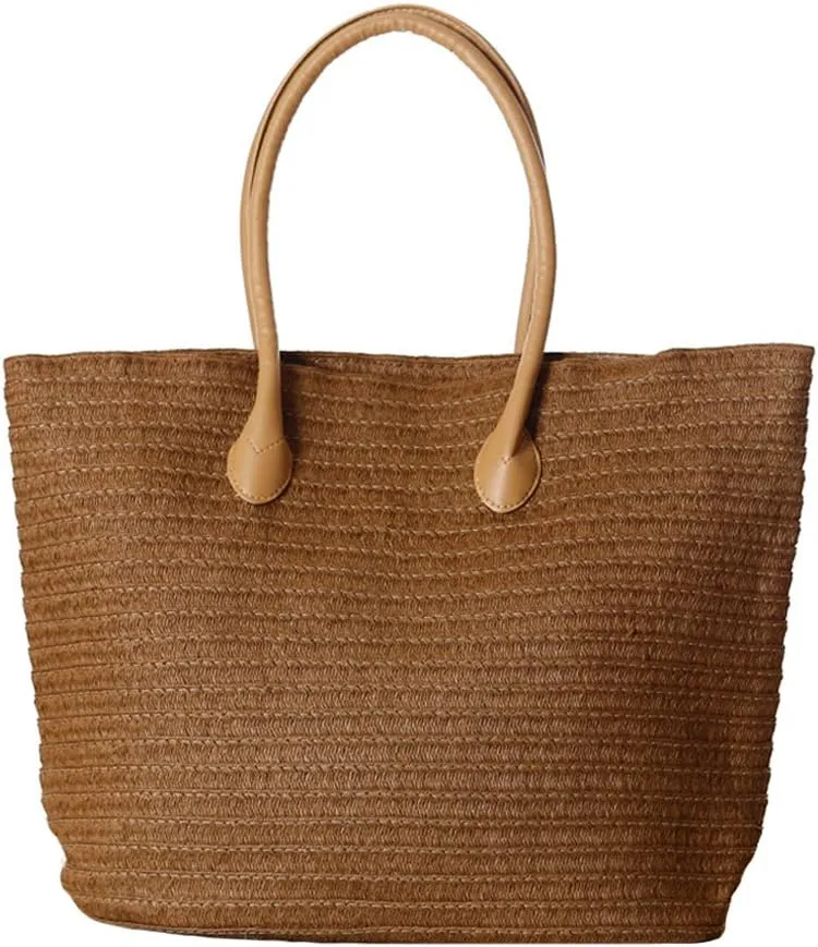 Women's Classic Straw Summer Beach Shoulder Bag Handbag Tote With PU Leather Straps Handmade Purse