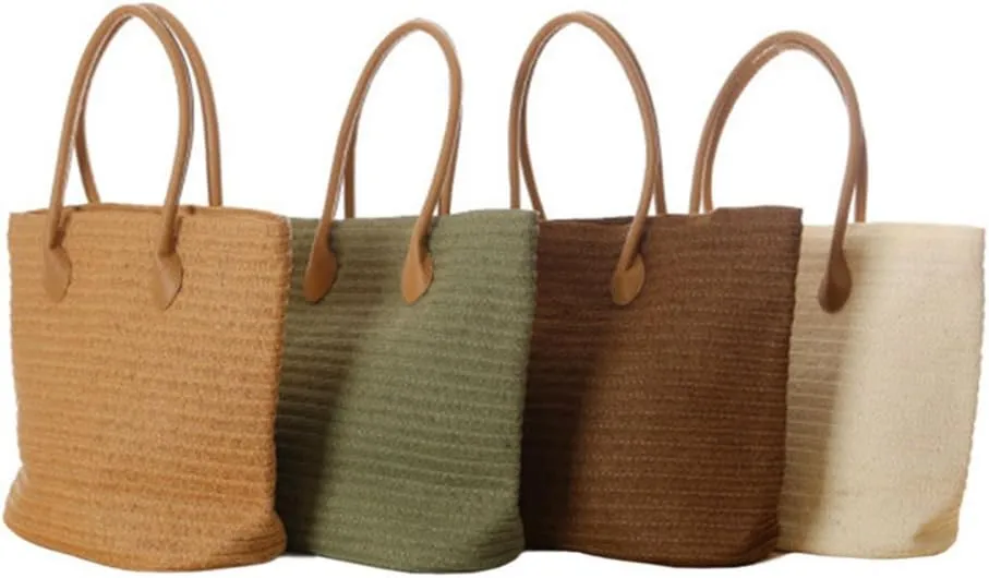 Women's Classic Straw Summer Beach Shoulder Bag Handbag Tote With PU Leather Straps Handmade Purse