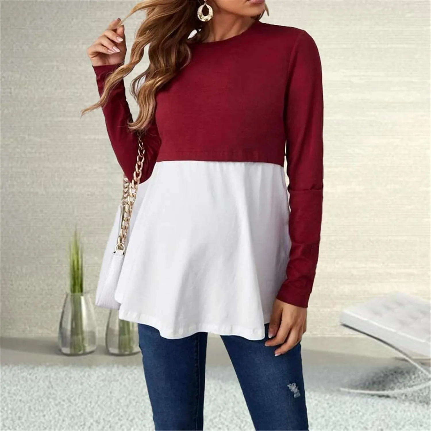 Women's Color Block Maternity Nursing Tops Crewneck Long Sleeve Double Layer Pregnancy Tee Soft Breastfeeding Shirts