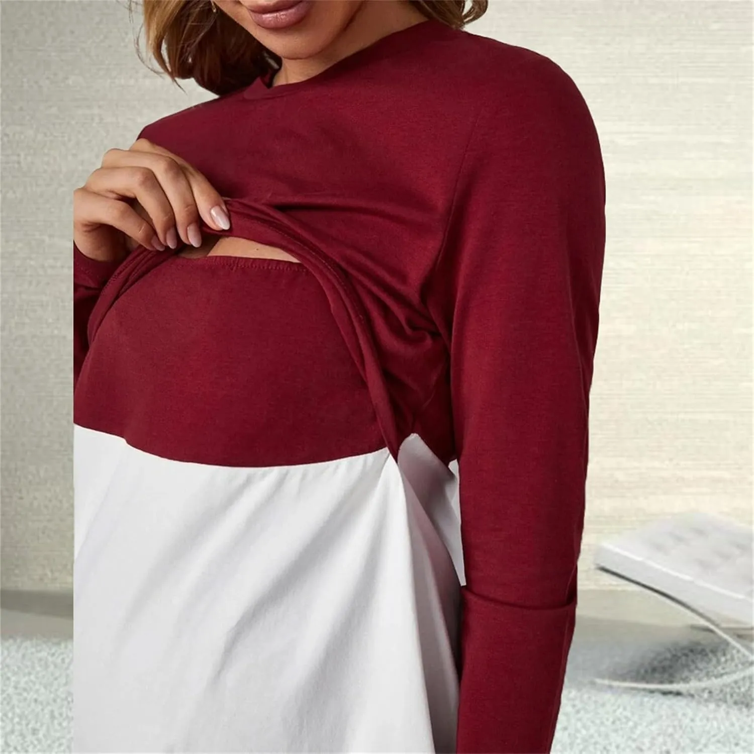 Women's Color Block Maternity Nursing Tops Crewneck Long Sleeve Double Layer Pregnancy Tee Soft Breastfeeding Shirts