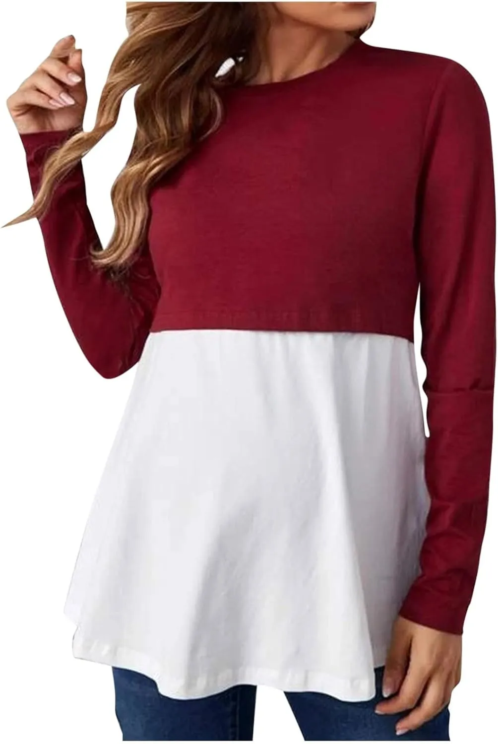 Women's Color Block Maternity Nursing Tops Crewneck Long Sleeve Double Layer Pregnancy Tee Soft Breastfeeding Shirts