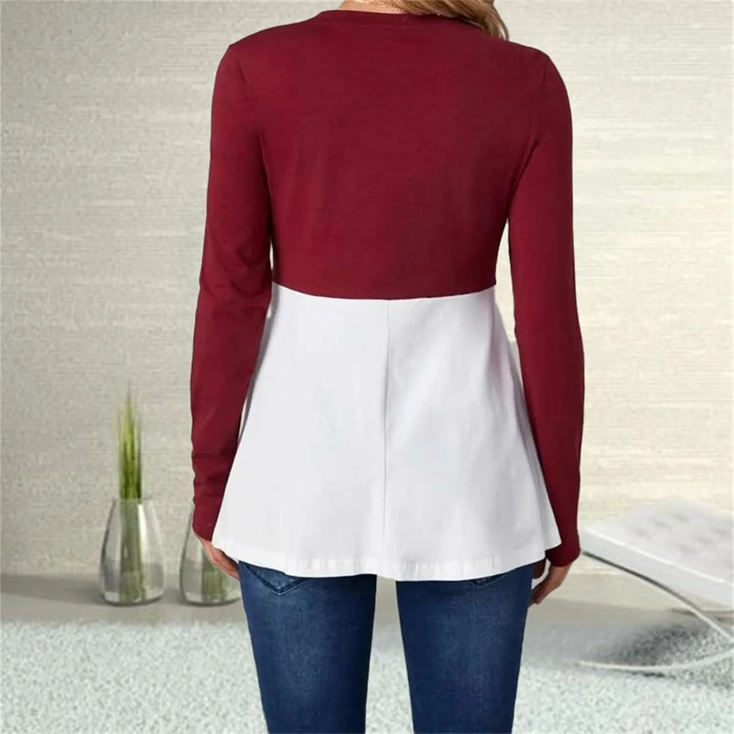 Women's Color Block Maternity Nursing Tops Crewneck Long Sleeve Double Layer Pregnancy Tee Soft Breastfeeding Shirts
