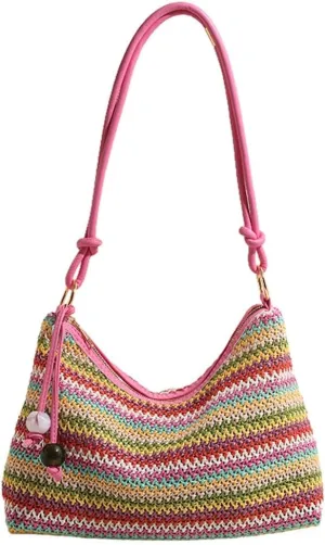 Womens Colorful Straw Shoulder Bags Cute Summer Beach Tote Purse Woven Top Handle Satchel Handbag Vacation