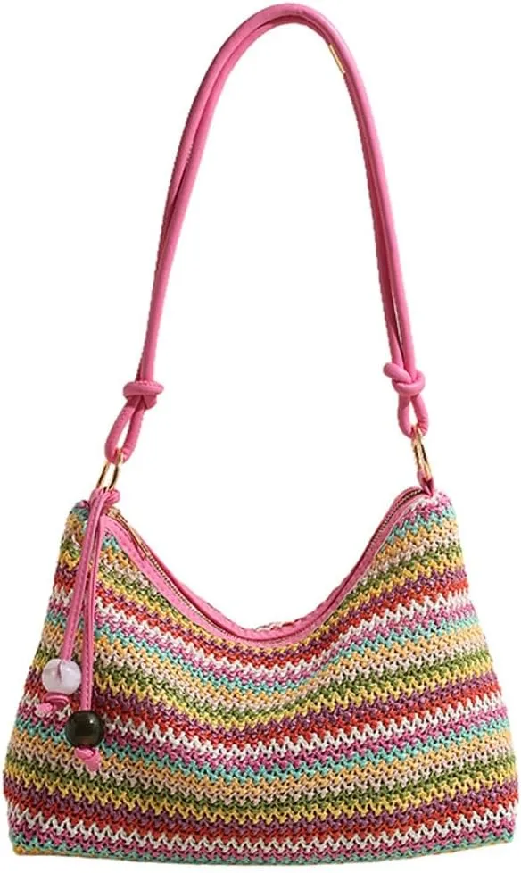 Womens Colorful Straw Shoulder Bags Cute Summer Beach Tote Purse Woven Top Handle Satchel Handbag Vacation
