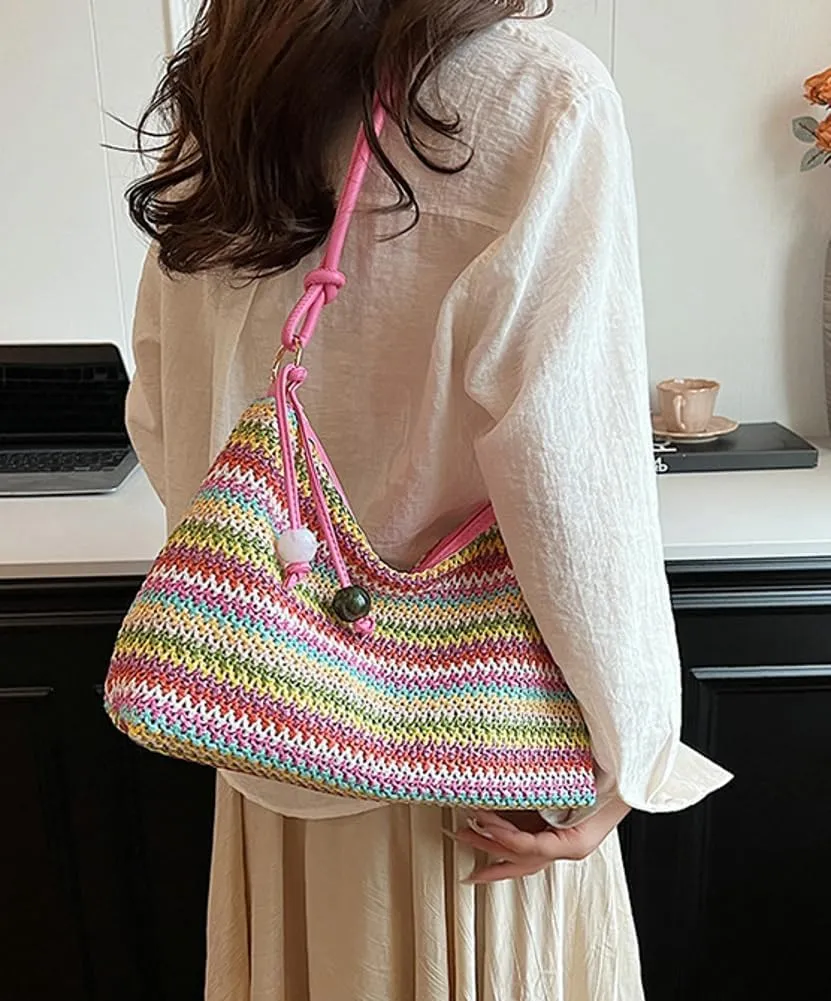 Womens Colorful Straw Shoulder Bags Cute Summer Beach Tote Purse Woven Top Handle Satchel Handbag Vacation