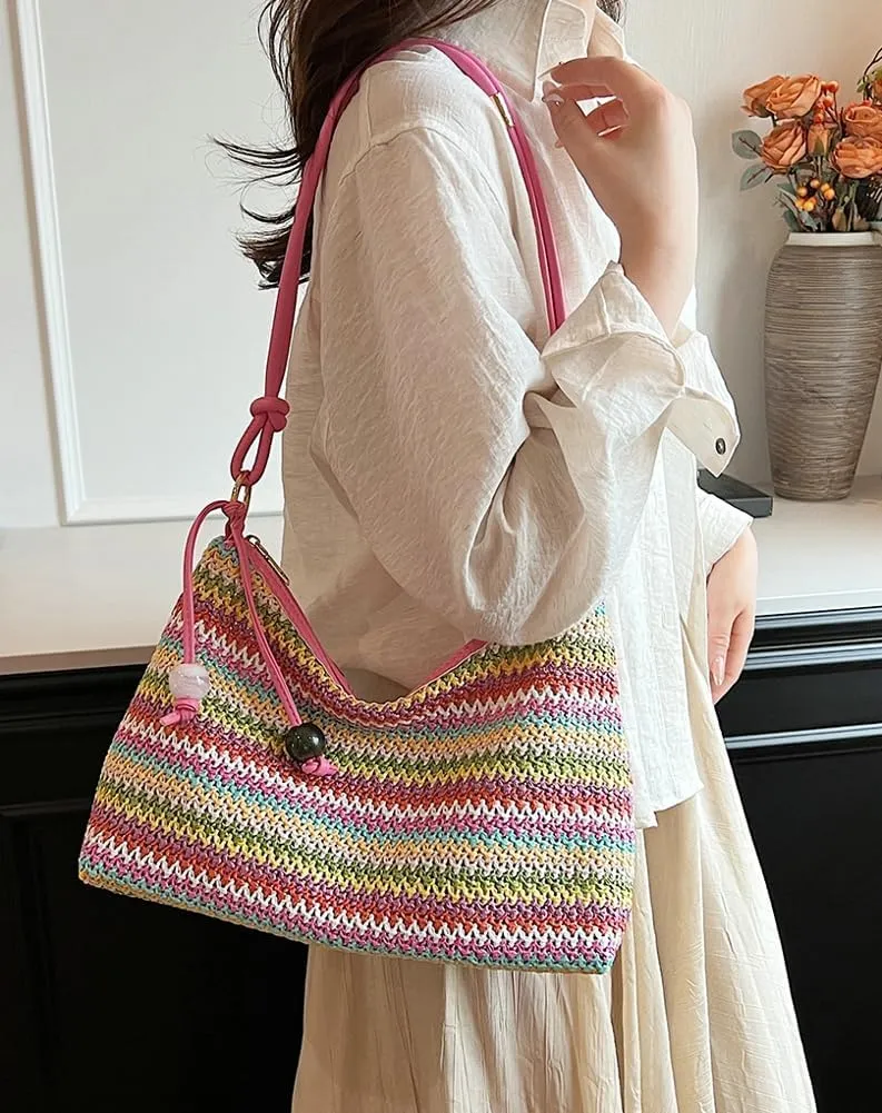 Womens Colorful Straw Shoulder Bags Cute Summer Beach Tote Purse Woven Top Handle Satchel Handbag Vacation