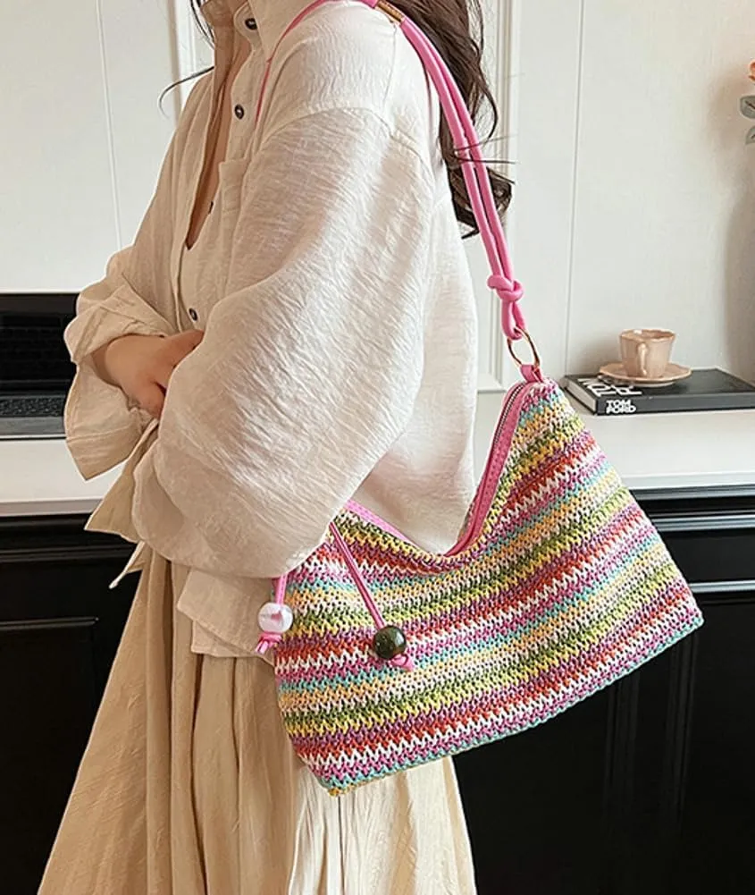 Womens Colorful Straw Shoulder Bags Cute Summer Beach Tote Purse Woven Top Handle Satchel Handbag Vacation