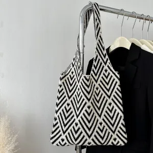 Women's Contrast Color Striped Knitted Large Capacity Shoulder Bags