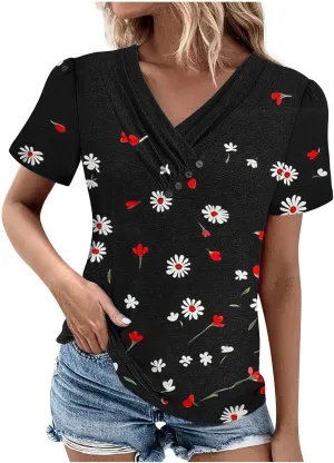 Womens Cotton Buttons Shirts Trendy Short Sleeve Tshirts Casual Collared Button Blouses Oversized Tops for Women