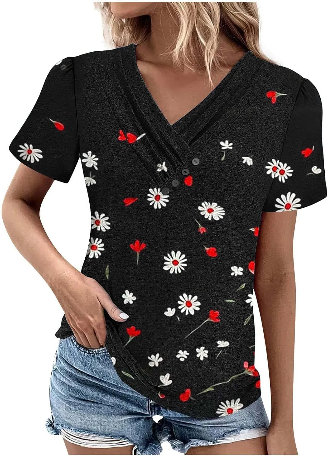 Womens Cotton Buttons Shirts Trendy Short Sleeve Tshirts Casual Collared Button Blouses Oversized Tops for Women