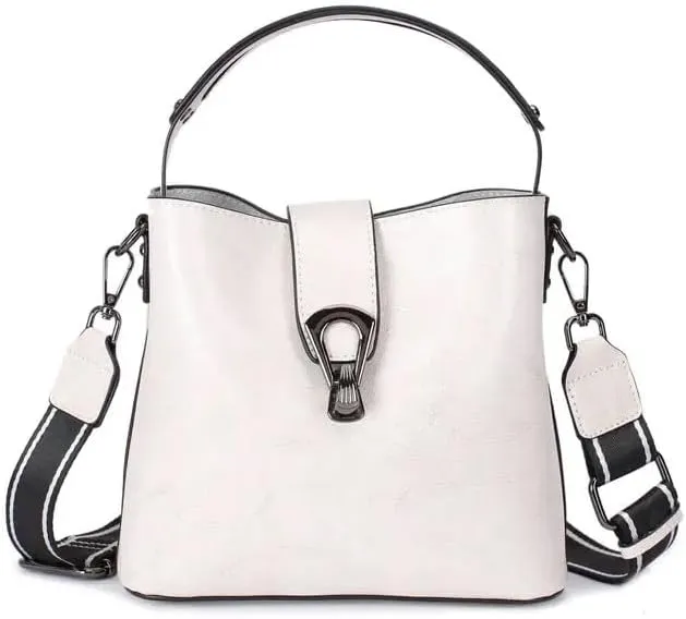 Women's Crossbody Handbag with Multiple Compartments, Adjustable Striped Strap, White and Black