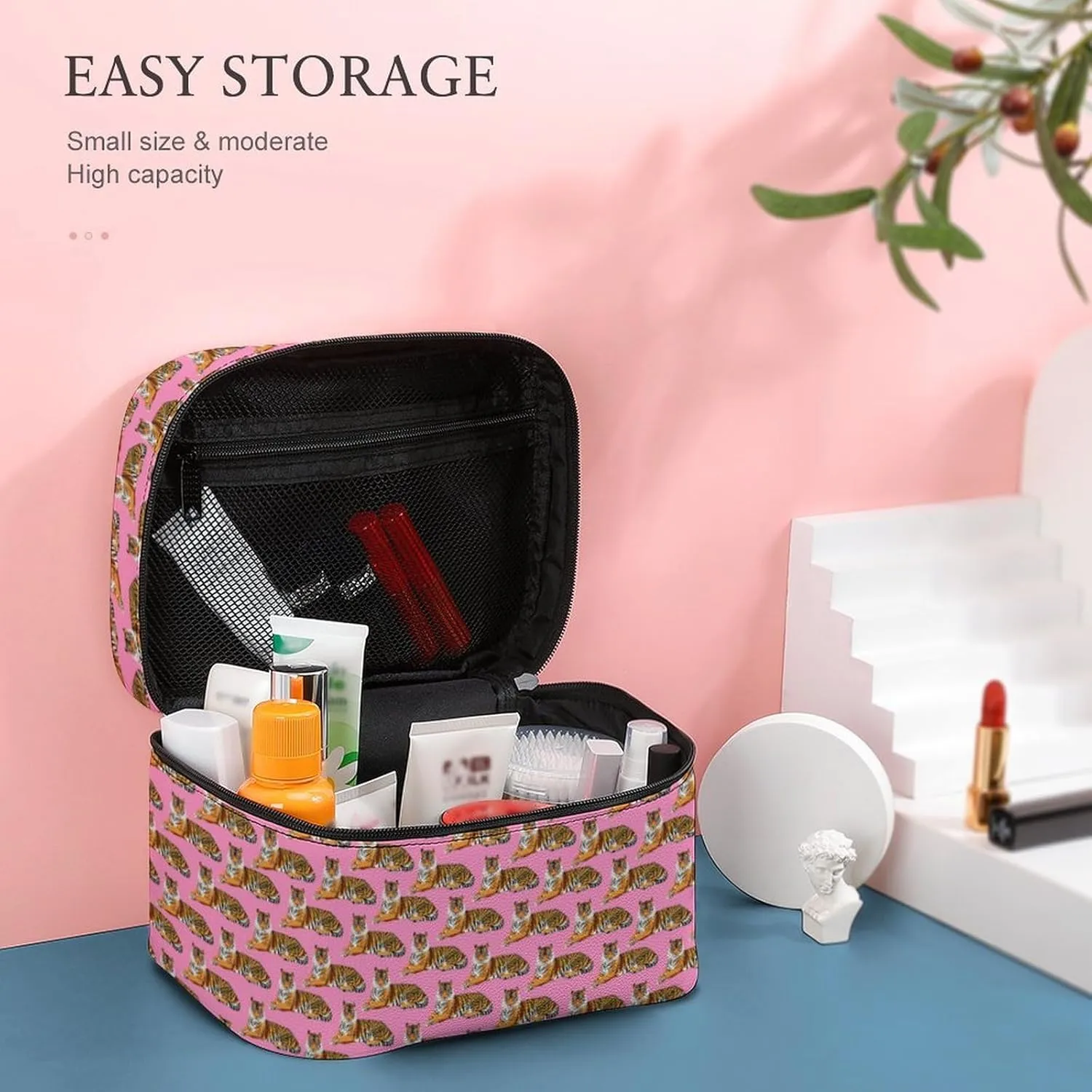 Womens Cute Cartoon Tigers Pink Make Up Bag Organizer With Compartments Handle Men Makeup Toiletry Bags Waterproof Soft Leather Skincare Cosmetic Box For Travel Camping Wedding