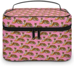 Womens Cute Cartoon Tigers Pink Make Up Bag Organizer With Compartments Handle Men Makeup Toiletry Bags Waterproof Soft Leather Skincare Cosmetic Box For Travel Camping Wedding