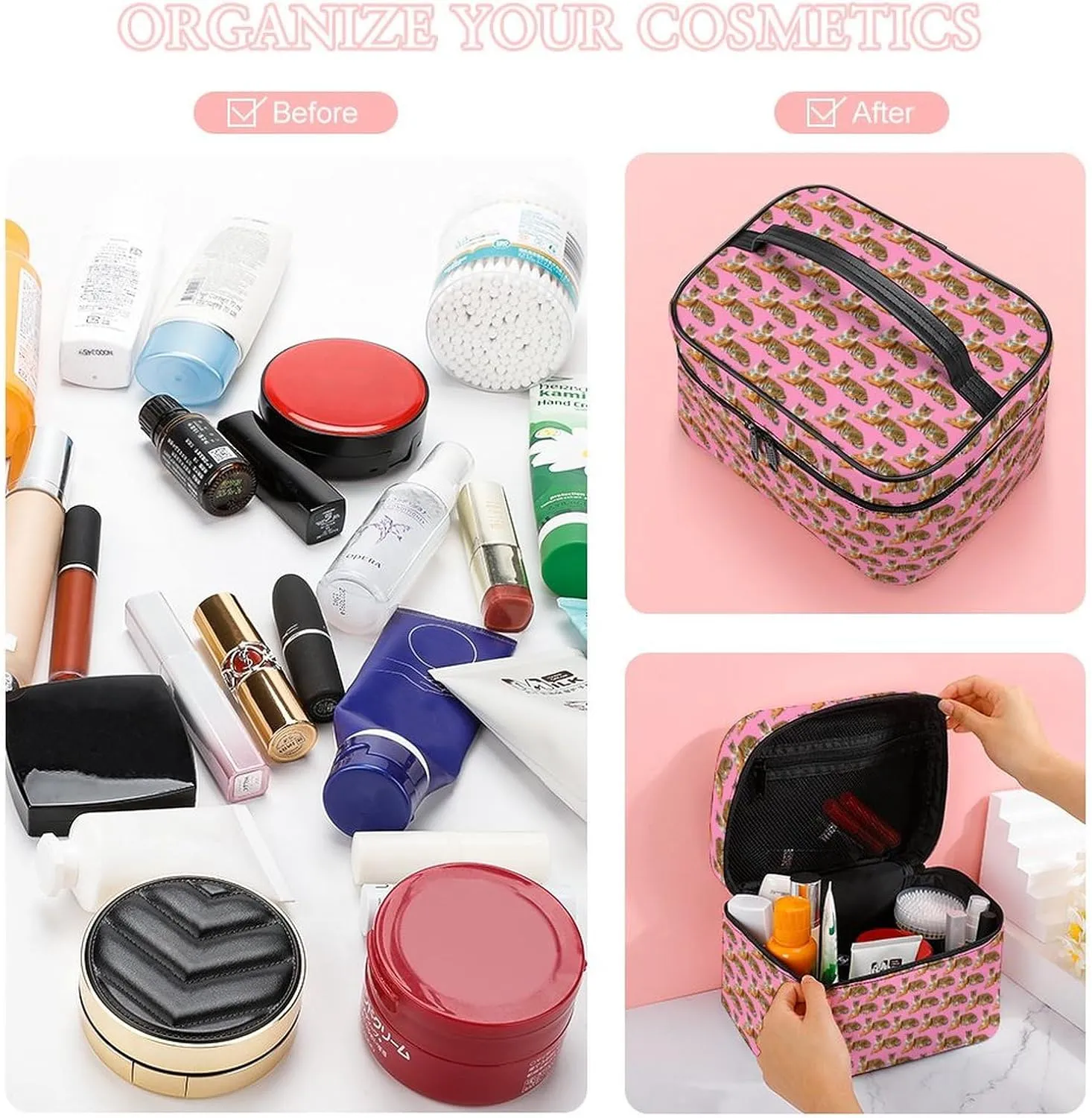 Womens Cute Cartoon Tigers Pink Make Up Bag Organizer With Compartments Handle Men Makeup Toiletry Bags Waterproof Soft Leather Skincare Cosmetic Box For Travel Camping Wedding