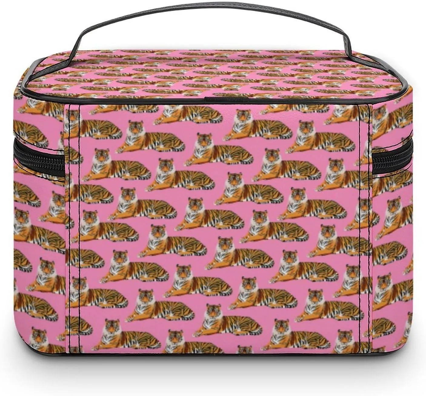 Womens Cute Cartoon Tigers Pink Make Up Bag Organizer With Compartments Handle Men Makeup Toiletry Bags Waterproof Soft Leather Skincare Cosmetic Box For Travel Camping Wedding