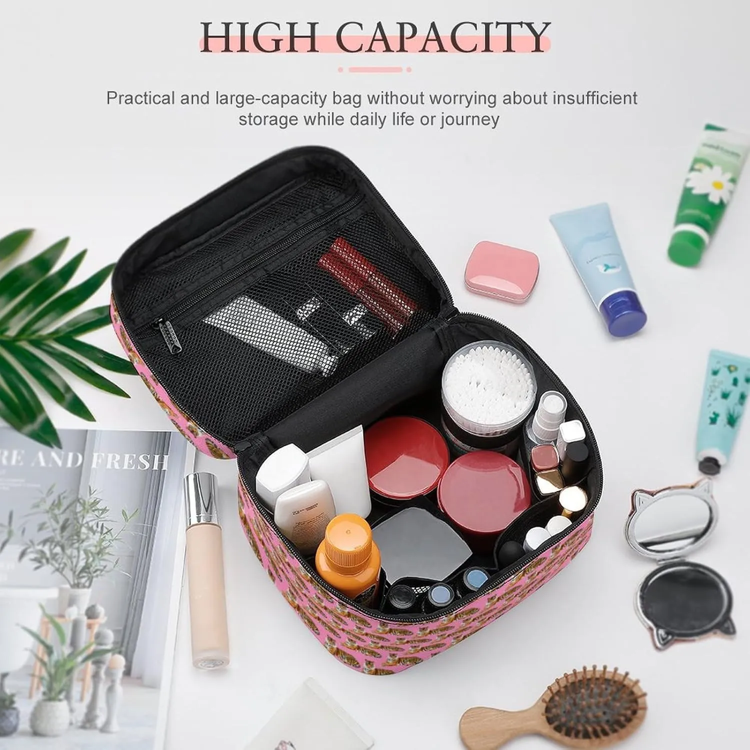 Womens Cute Cartoon Tigers Pink Make Up Bag Organizer With Compartments Handle Men Makeup Toiletry Bags Waterproof Soft Leather Skincare Cosmetic Box For Travel Camping Wedding