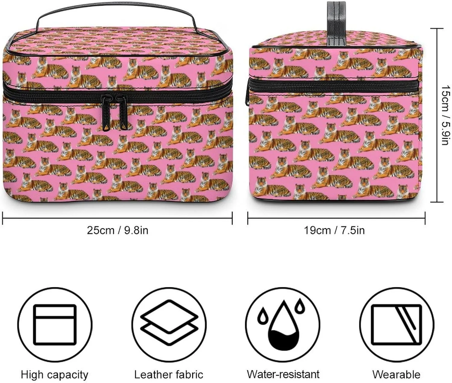 Womens Cute Cartoon Tigers Pink Make Up Bag Organizer With Compartments Handle Men Makeup Toiletry Bags Waterproof Soft Leather Skincare Cosmetic Box For Travel Camping Wedding