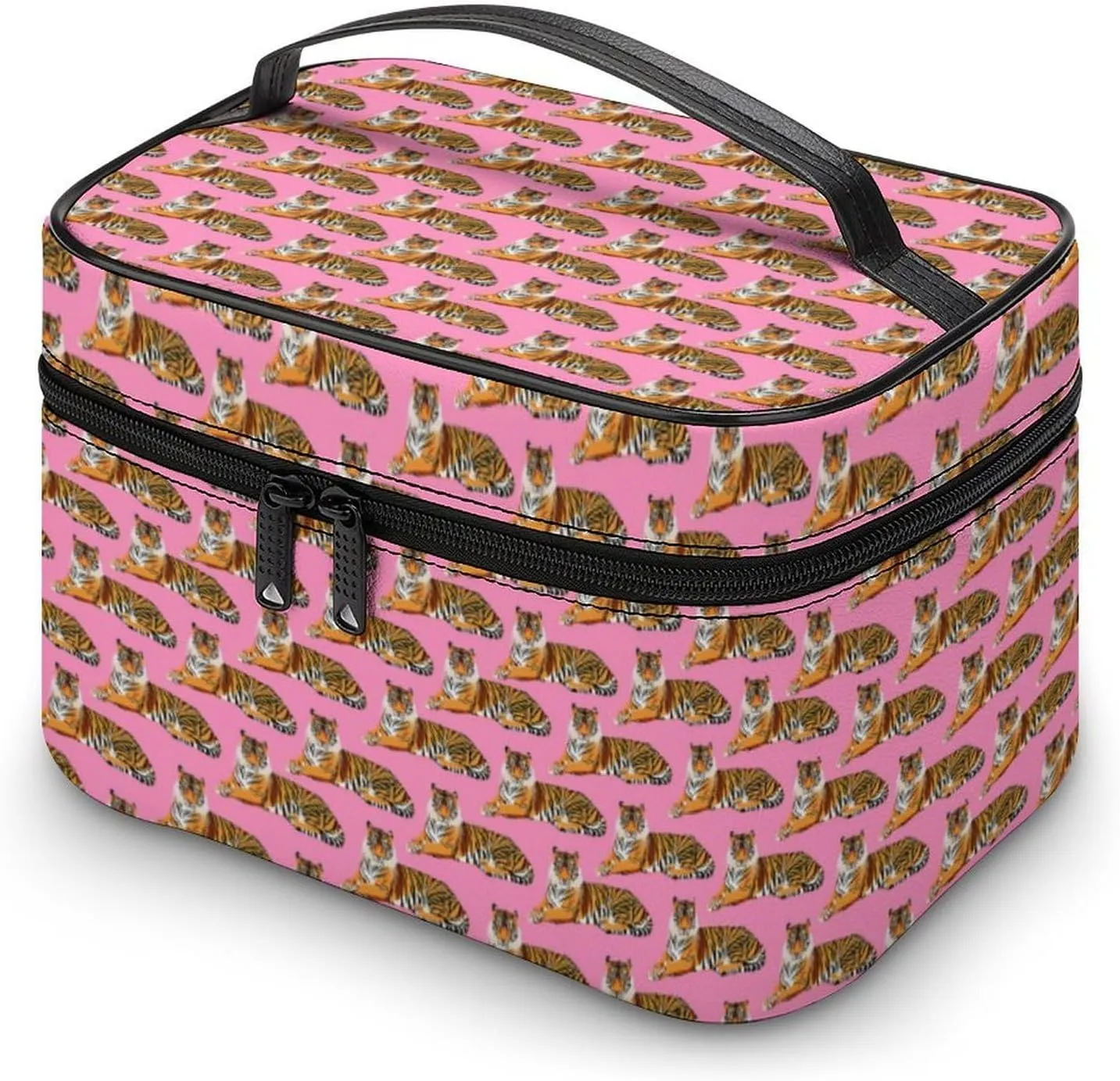 Womens Cute Cartoon Tigers Pink Make Up Bag Organizer With Compartments Handle Men Makeup Toiletry Bags Waterproof Soft Leather Skincare Cosmetic Box For Travel Camping Wedding