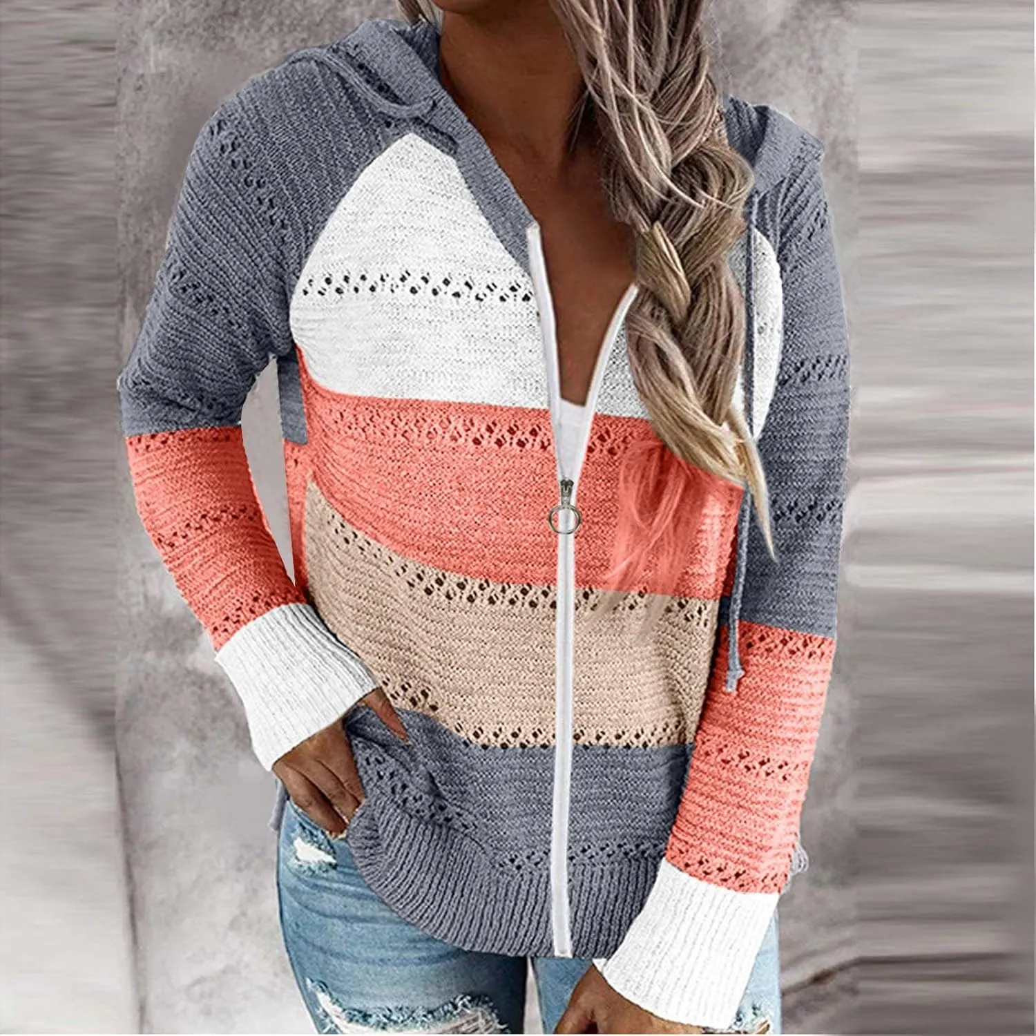 Womens Fall Casual Color Blocking Zipper Front Long Sleeve Pullover Knitted Hooded Sweater Top Blouse Sweater Coat