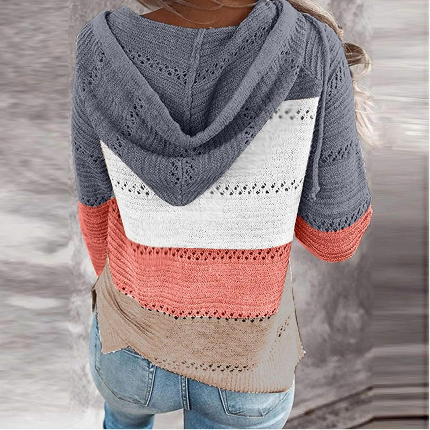 Womens Fall Casual Color Blocking Zipper Front Long Sleeve Pullover Knitted Hooded Sweater Top Blouse Sweater Coat