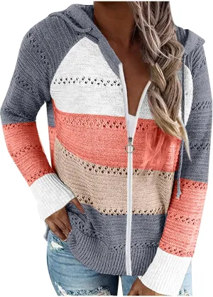 Womens Fall Casual Color Blocking Zipper Front Long Sleeve Pullover Knitted Hooded Sweater Top Blouse Sweater Coat