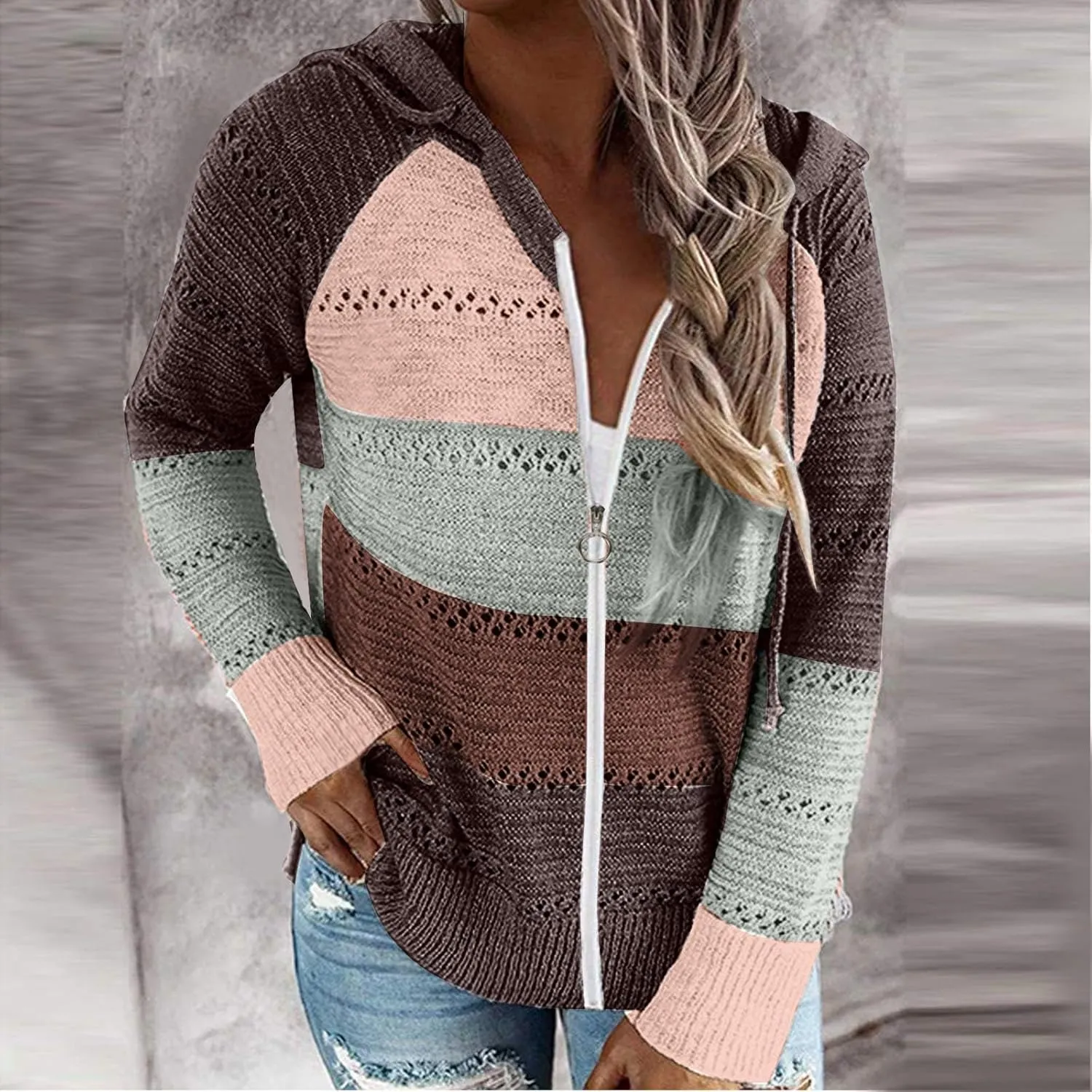 Womens Fall Casual Color Blocking Zipper Front Long Sleeve Pullover Knitted Hooded Sweater Top Blouse Sweater Coat