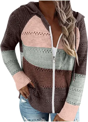 Womens Fall Casual Color Blocking Zipper Front Long Sleeve Pullover Knitted Hooded Sweater Top Blouse Sweater Coat