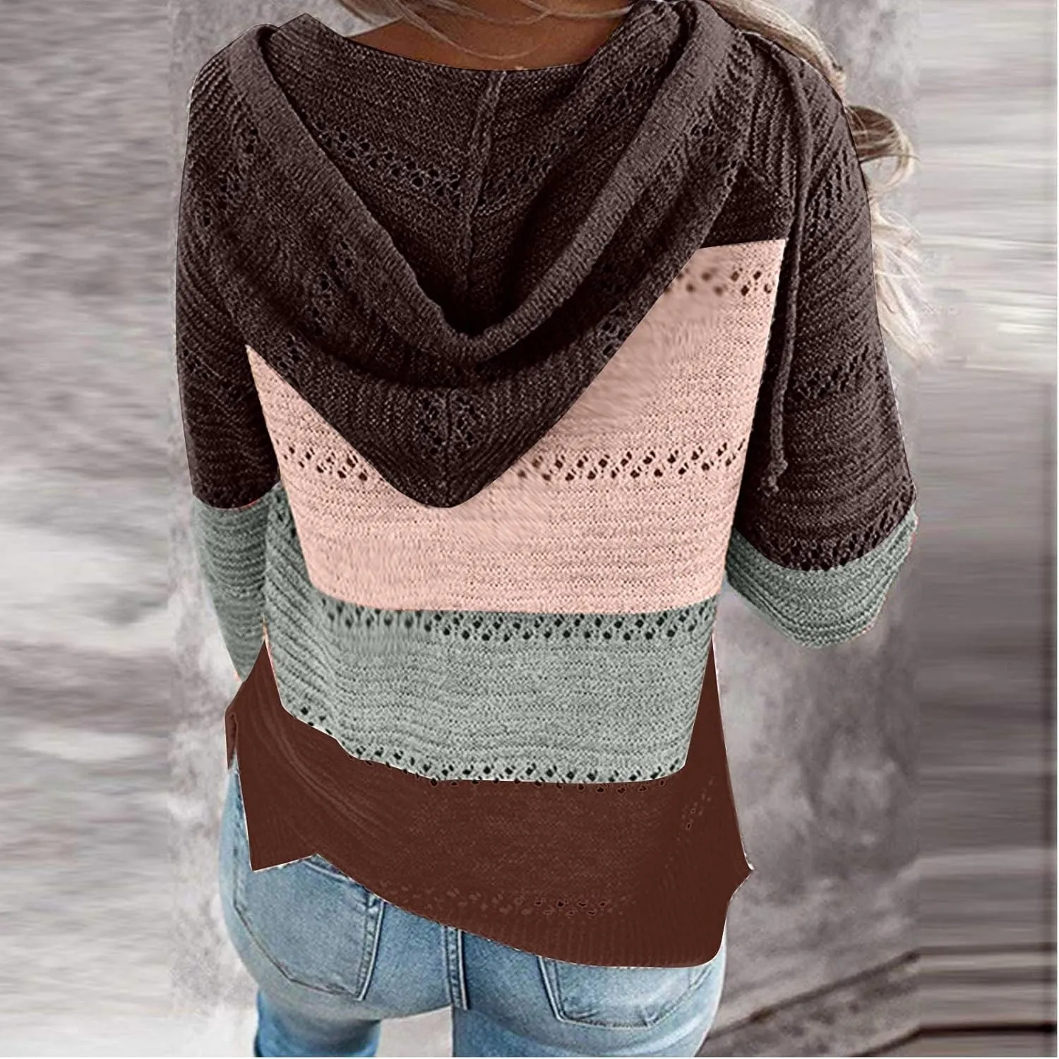 Womens Fall Casual Color Blocking Zipper Front Long Sleeve Pullover Knitted Hooded Sweater Top Blouse Sweater Coat