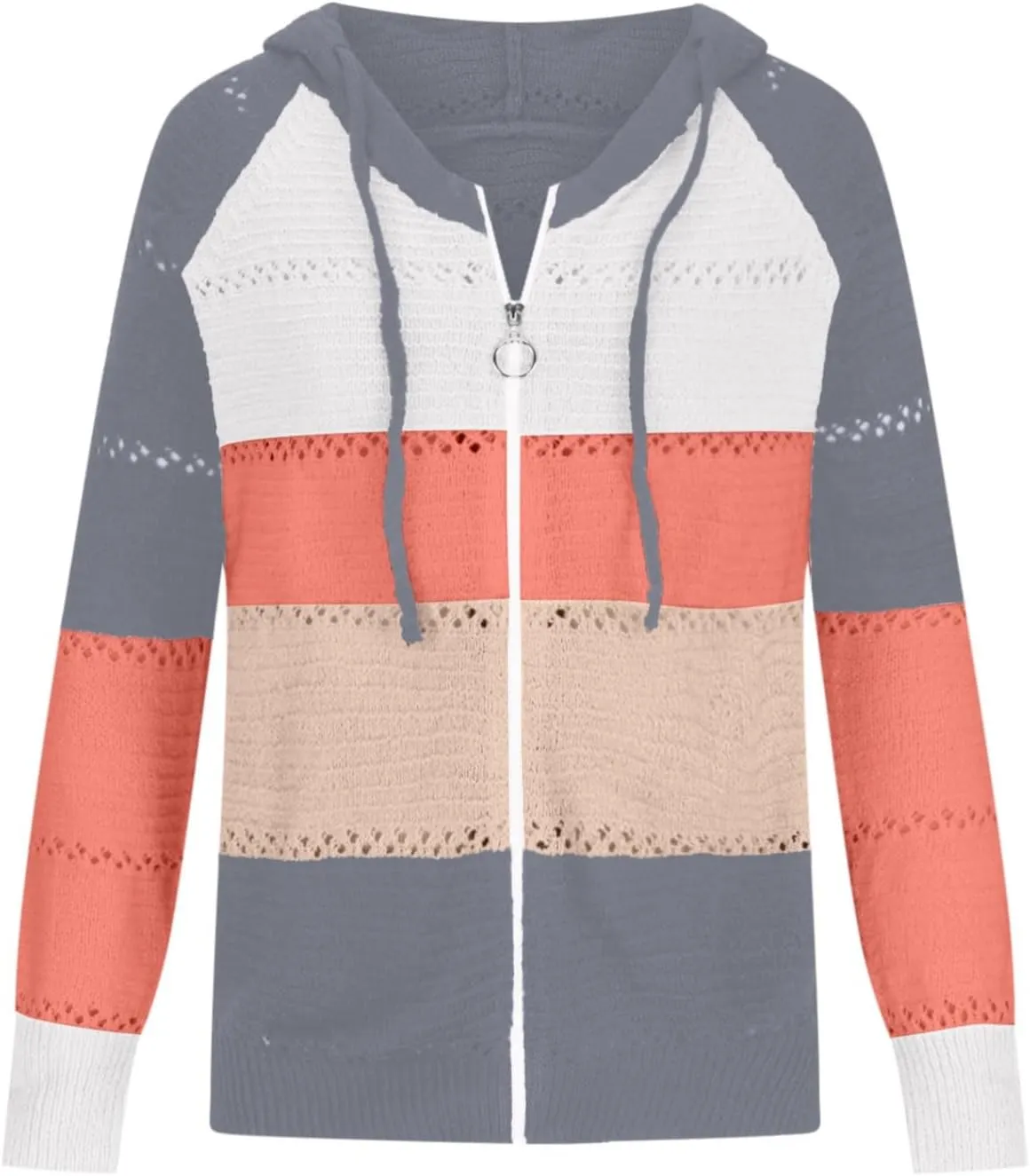 Womens Fall Casual Color Blocking Zipper Front Long Sleeve Pullover Knitted Hooded Sweater Top Blouse Sweater Coat