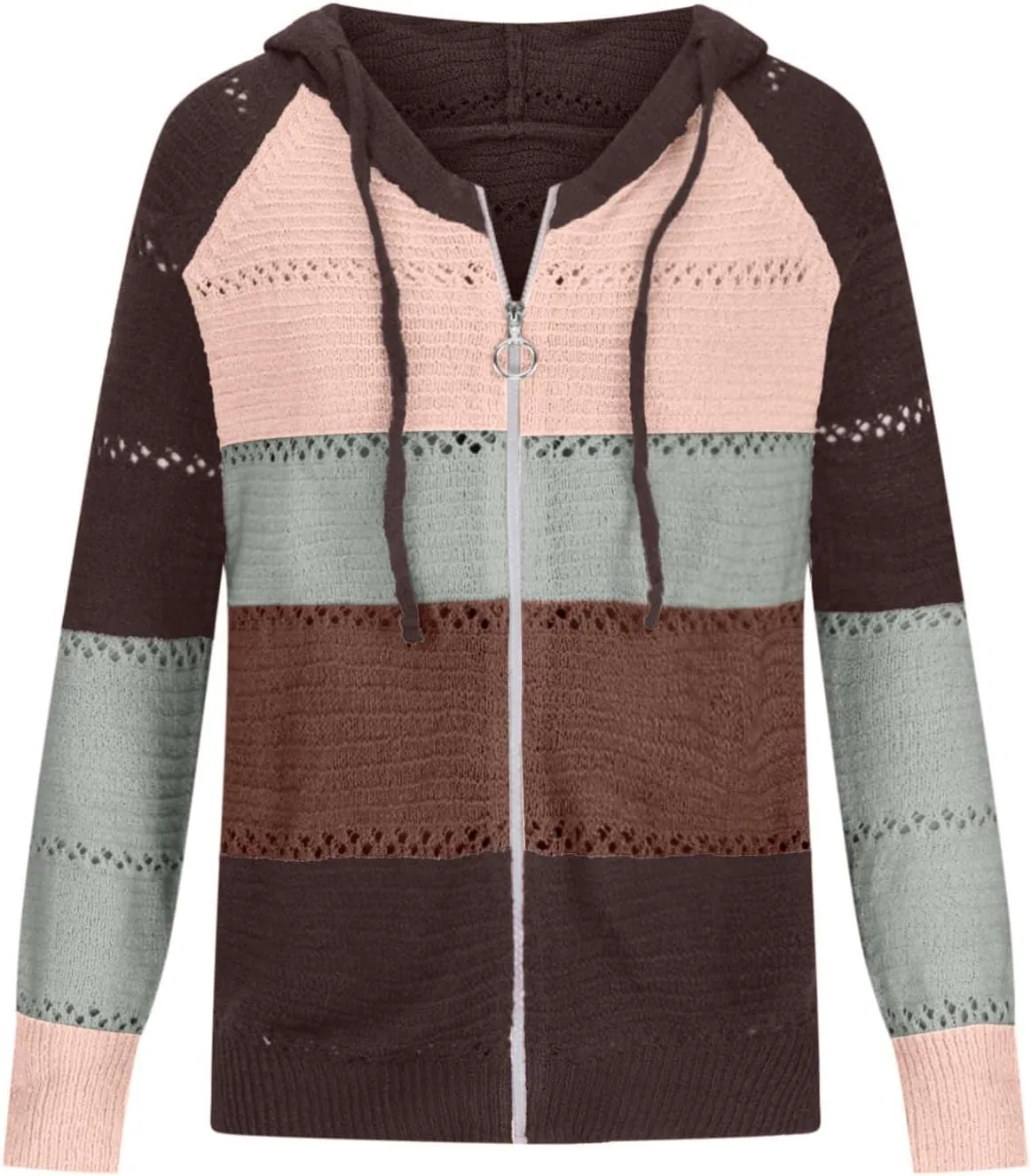 Womens Fall Casual Color Blocking Zipper Front Long Sleeve Pullover Knitted Hooded Sweater Top Blouse Sweater Coat