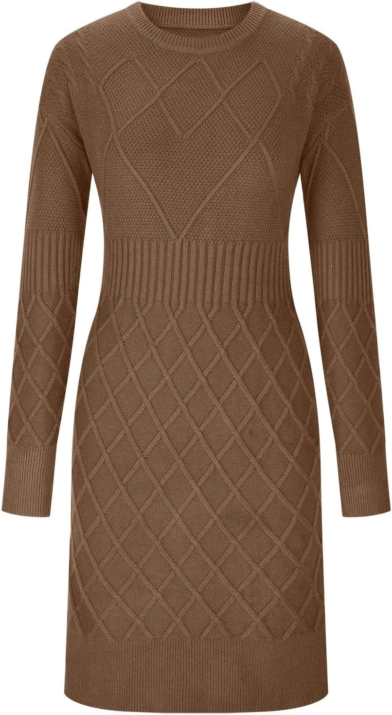 Women's Fashion Sweater Fashion Knitted Skinny Striped Sweater Dress Tunic Solid Round Neck Wide Hem Top Cozy Outfits