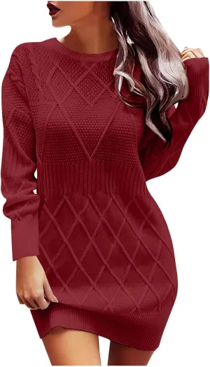 Women's Fashion Sweater Fashion Knitted Skinny Striped Sweater Dress Tunic Solid Round Neck Wide Hem Top Cozy Outfits