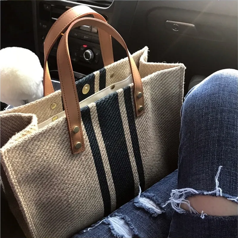 Women's Korean Professional Commute Striped Minimalist Large Shoulder Bags