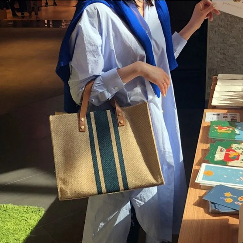 Women's Korean Professional Commute Striped Minimalist Large Shoulder Bags