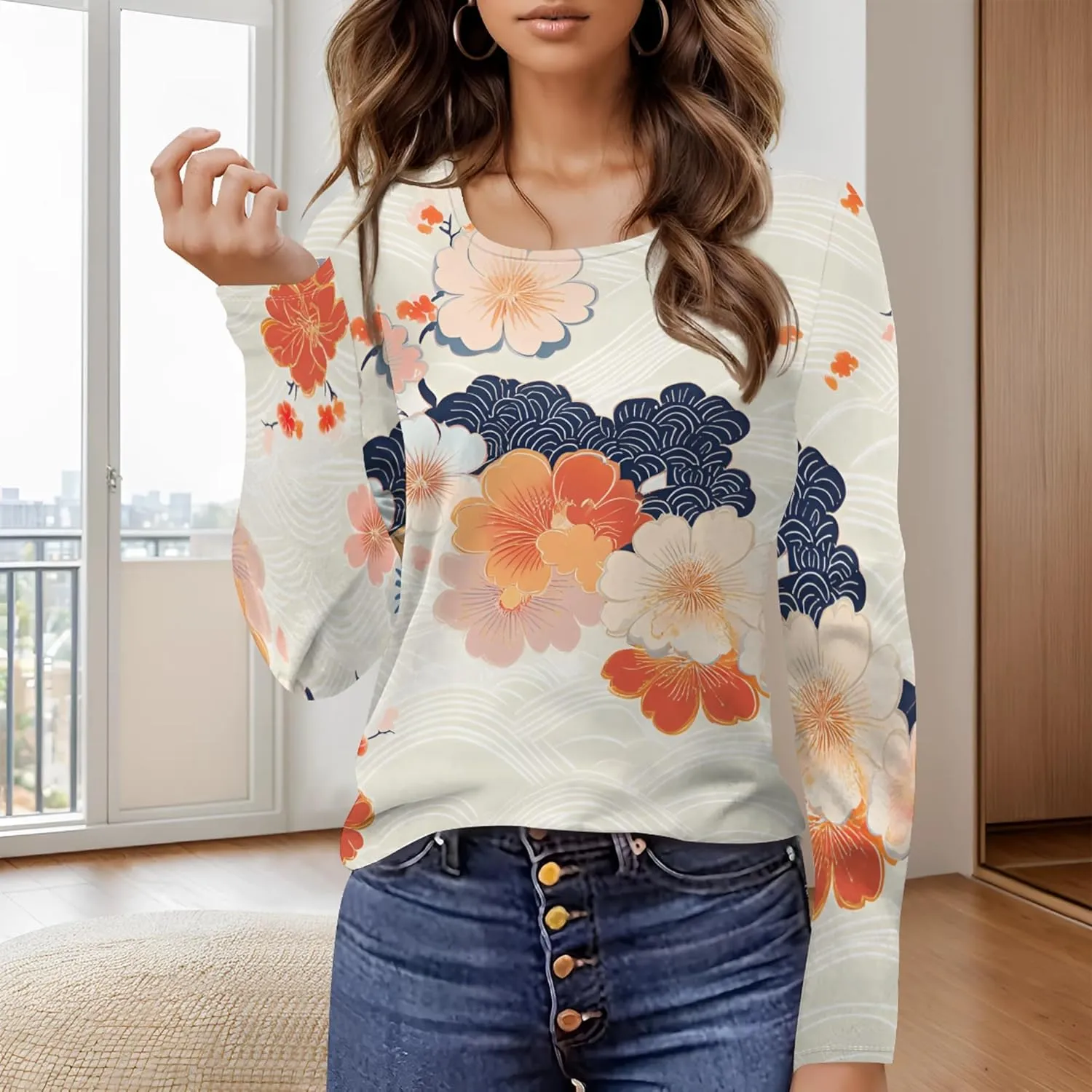 Women's Long Sleeve Casual Sweatshirt Sexy U Neck Tunic Top Fall Fashion Curve Fit Basic Teen Girls Printed Clothing