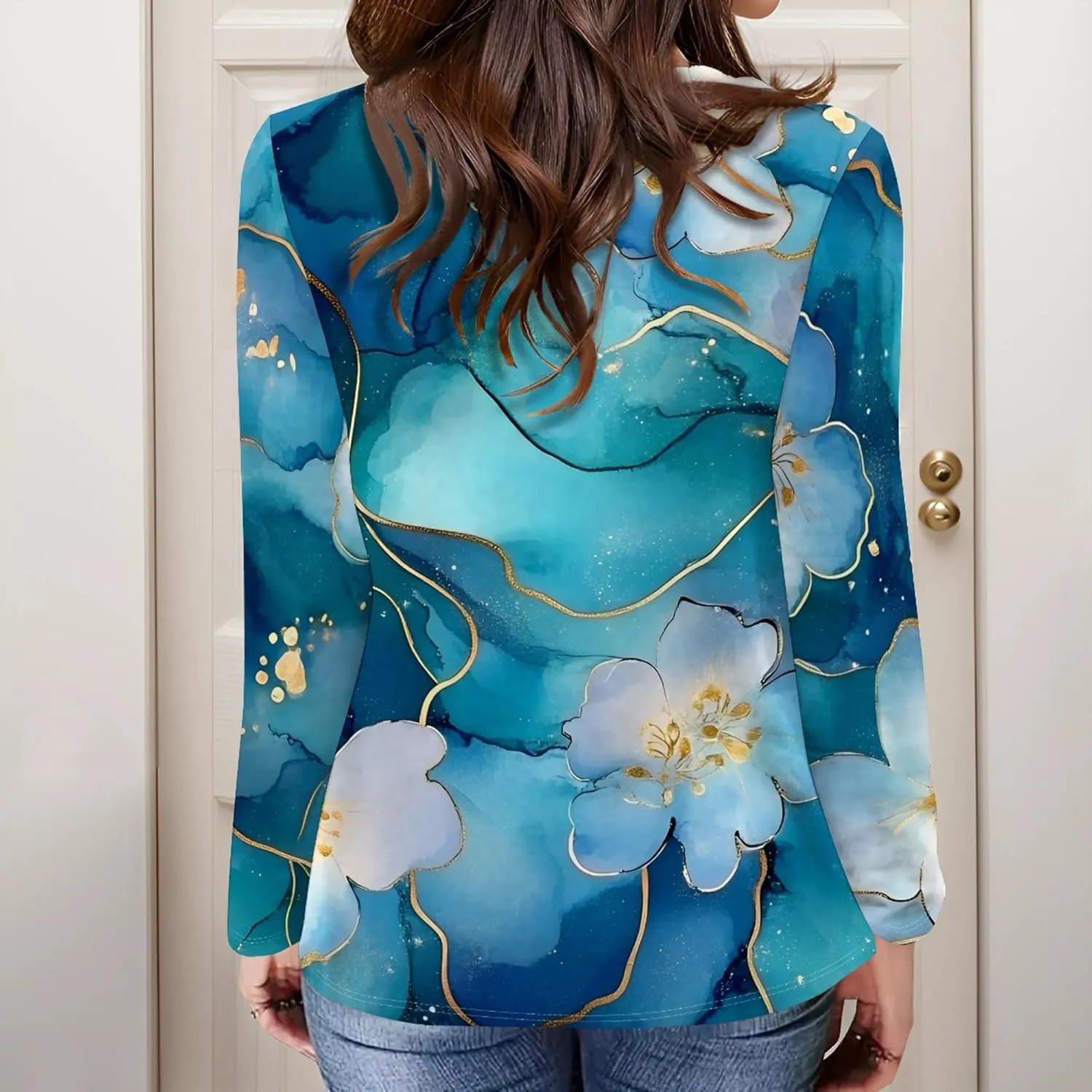 Women's Long Sleeve Casual Sweatshirt Sexy U Neck Tunic Top Fall Fashion Curve Fit Basic Teen Girls Printed Clothing