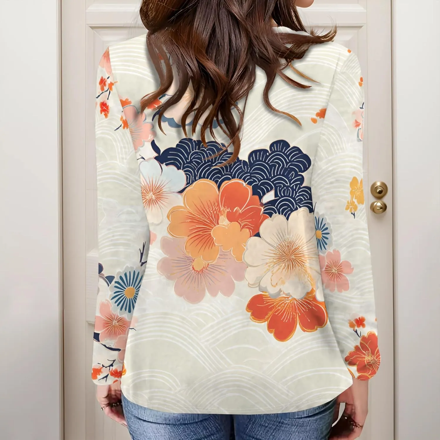 Women's Long Sleeve Casual Sweatshirt Sexy U Neck Tunic Top Fall Fashion Curve Fit Basic Teen Girls Printed Clothing