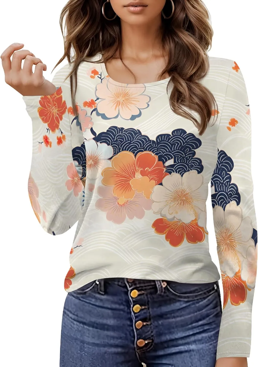 Women's Long Sleeve Casual Sweatshirt Sexy U Neck Tunic Top Fall Fashion Curve Fit Basic Teen Girls Printed Clothing
