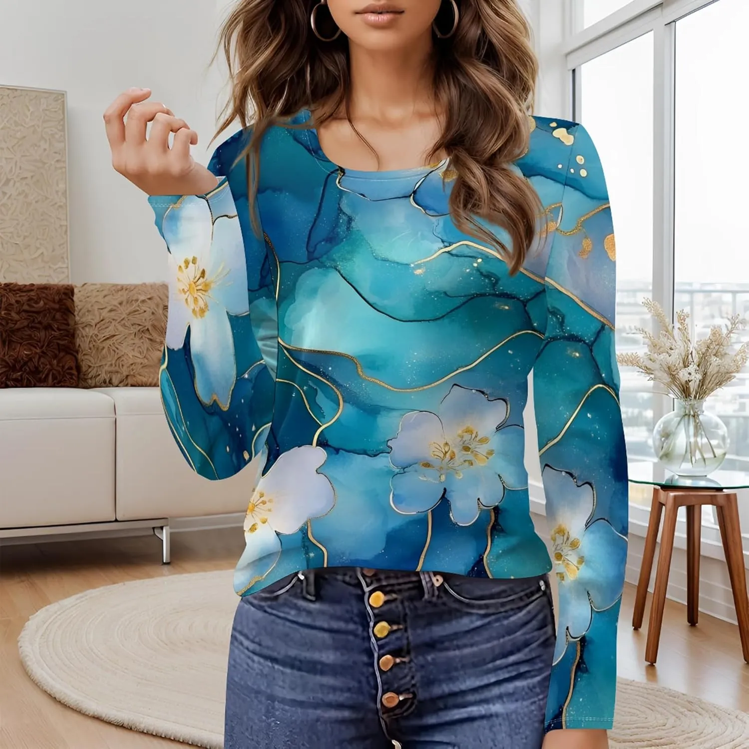 Women's Long Sleeve Casual Sweatshirt Sexy U Neck Tunic Top Fall Fashion Curve Fit Basic Teen Girls Printed Clothing