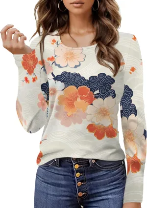 Women's Long Sleeve Casual Sweatshirt Sexy U Neck Tunic Top Fall Fashion Curve Fit Basic Teen Girls Printed Clothing
