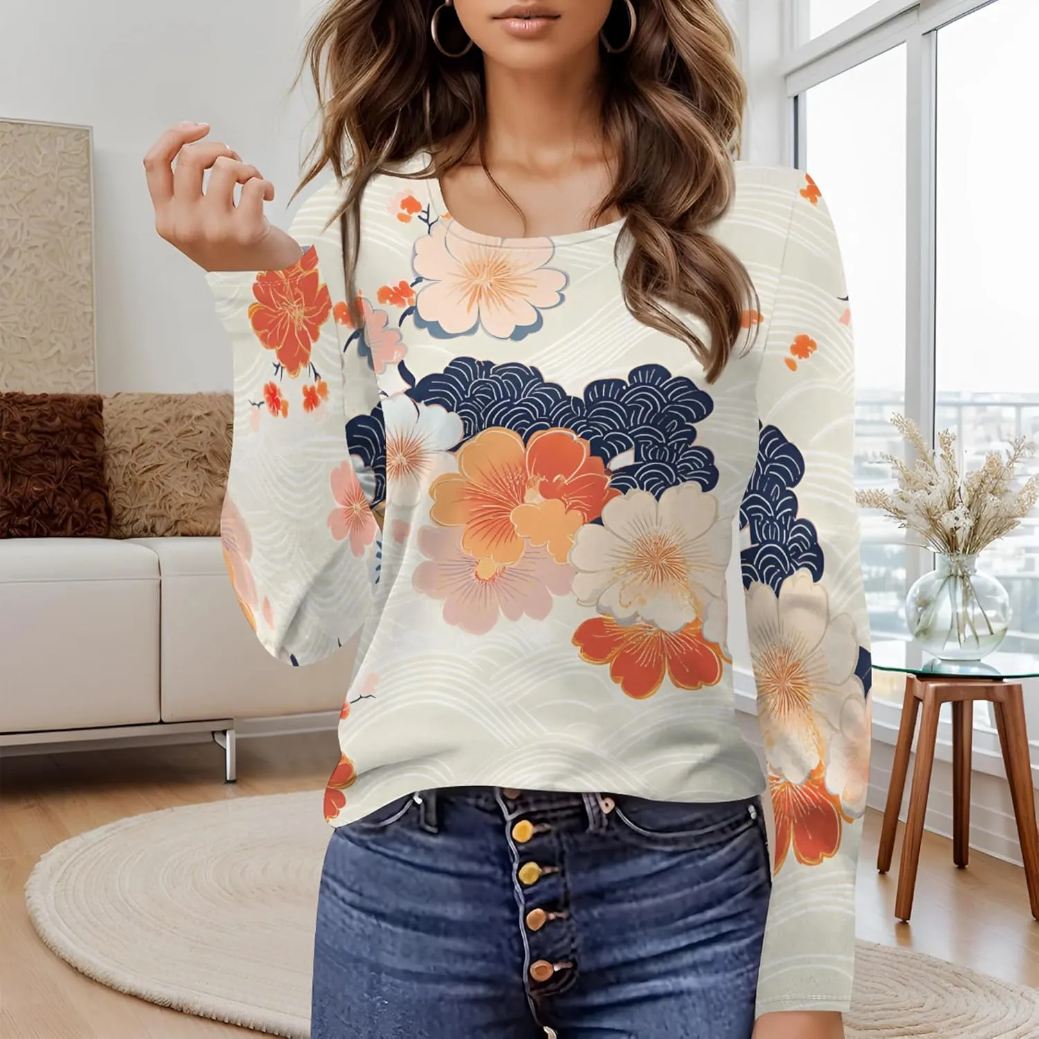 Women's Long Sleeve Casual Sweatshirt Sexy U Neck Tunic Top Fall Fashion Curve Fit Basic Teen Girls Printed Clothing