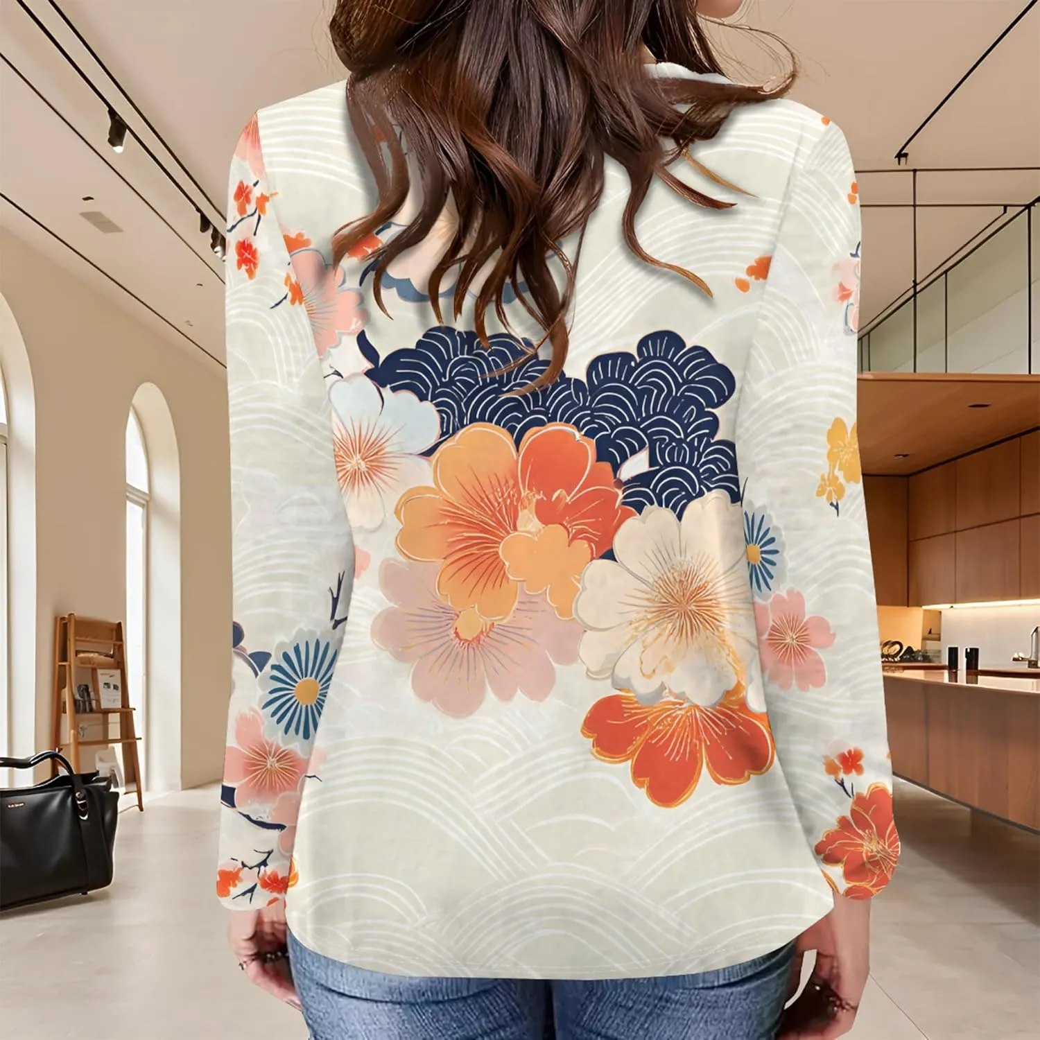 Women's Long Sleeve Casual Sweatshirt Sexy U Neck Tunic Top Fall Fashion Curve Fit Basic Teen Girls Printed Clothing