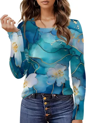 Women's Long Sleeve Casual Sweatshirt Sexy U Neck Tunic Top Fall Fashion Curve Fit Basic Teen Girls Printed Clothing