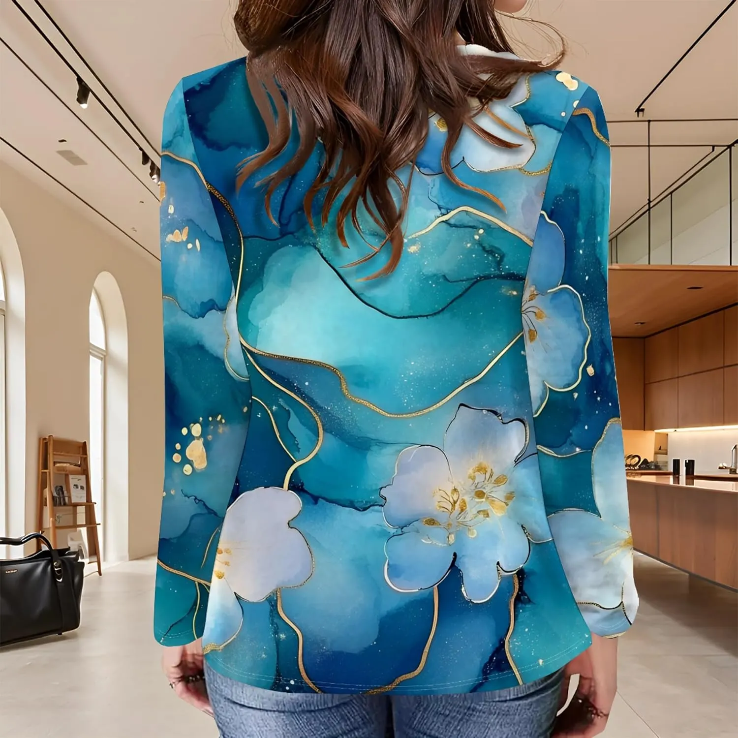 Women's Long Sleeve Casual Sweatshirt Sexy U Neck Tunic Top Fall Fashion Curve Fit Basic Teen Girls Printed Clothing