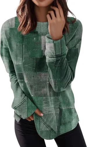 Womens Long Sleeve Crewneck Sweatshirt Trendy Color Block Plaid Tunic Pullover Tops Casaul Lightweight Cotton Clothes