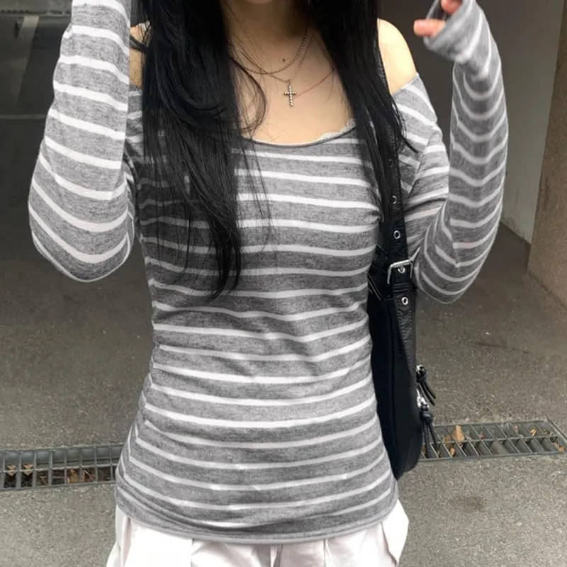 Womens Long Sleeve Grunge Aesthetic Shirts Striped Off Shoulder Tops Teen Girls Alt Emo Goth Streetwear Y2k Clothes