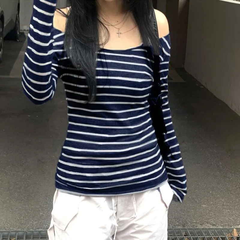 Womens Long Sleeve Grunge Aesthetic Shirts Striped Off Shoulder Tops Teen Girls Alt Emo Goth Streetwear Y2k Clothes