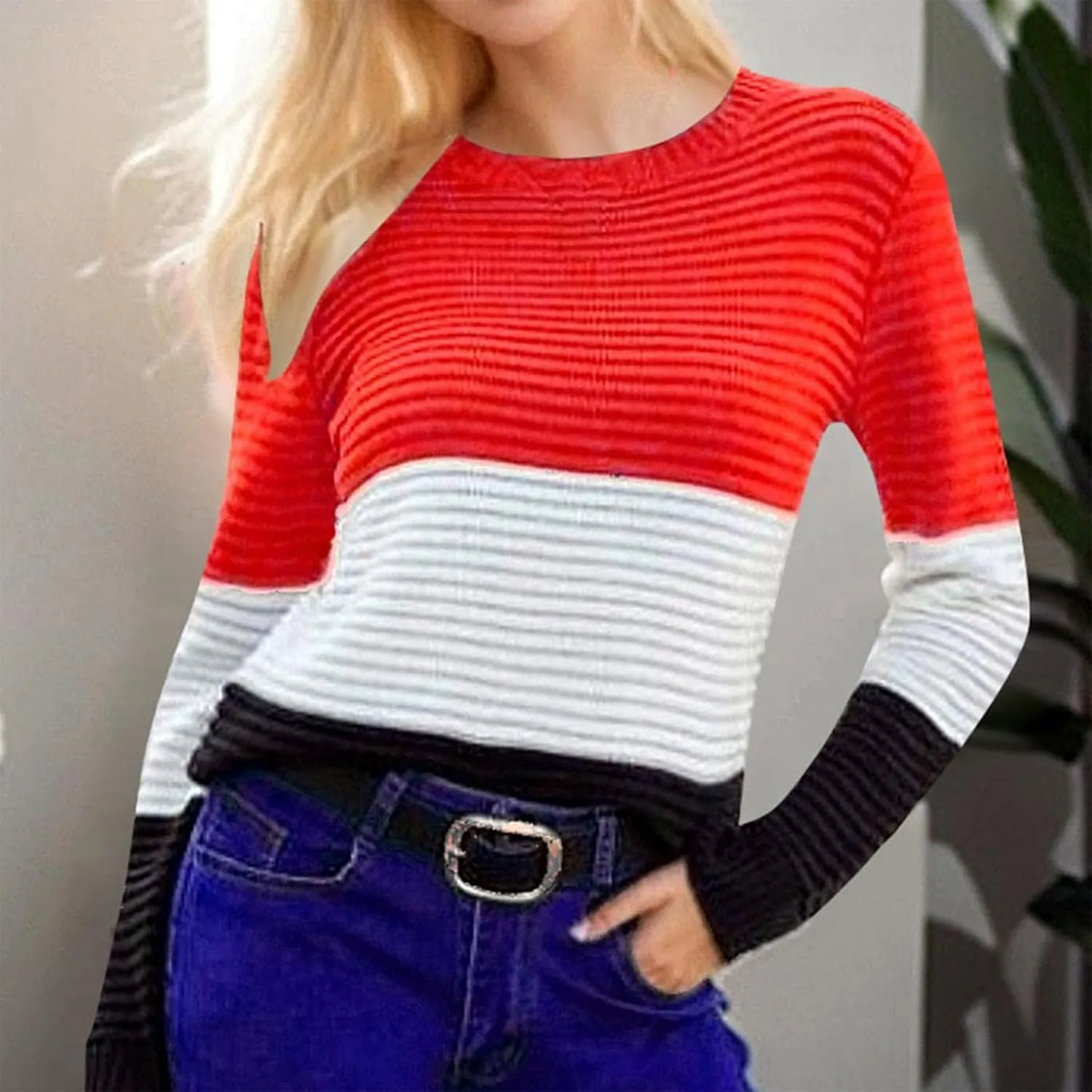 Women's Loose Fit Sweater Long Sleeve Crewneck Color Block Sweaters Fashion Lightweight Pullovers